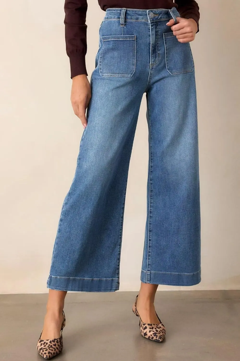 Allimy Women's High Waisted Cropped Wide Leg Jeans Stretchy Loose Denim Pants with Front Patch Pockets