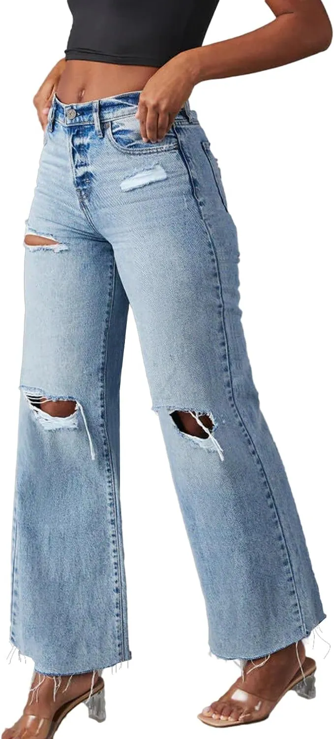 Allimy Women's High Waisted Straight Ankle Wide Leg Ripped Jeans Frayed Hem Stretchy Capri Denim Pants