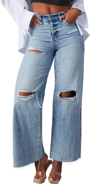 Allimy Women's High Waisted Straight Ankle Wide Leg Ripped Jeans Frayed Hem Stretchy Capri Denim Pants