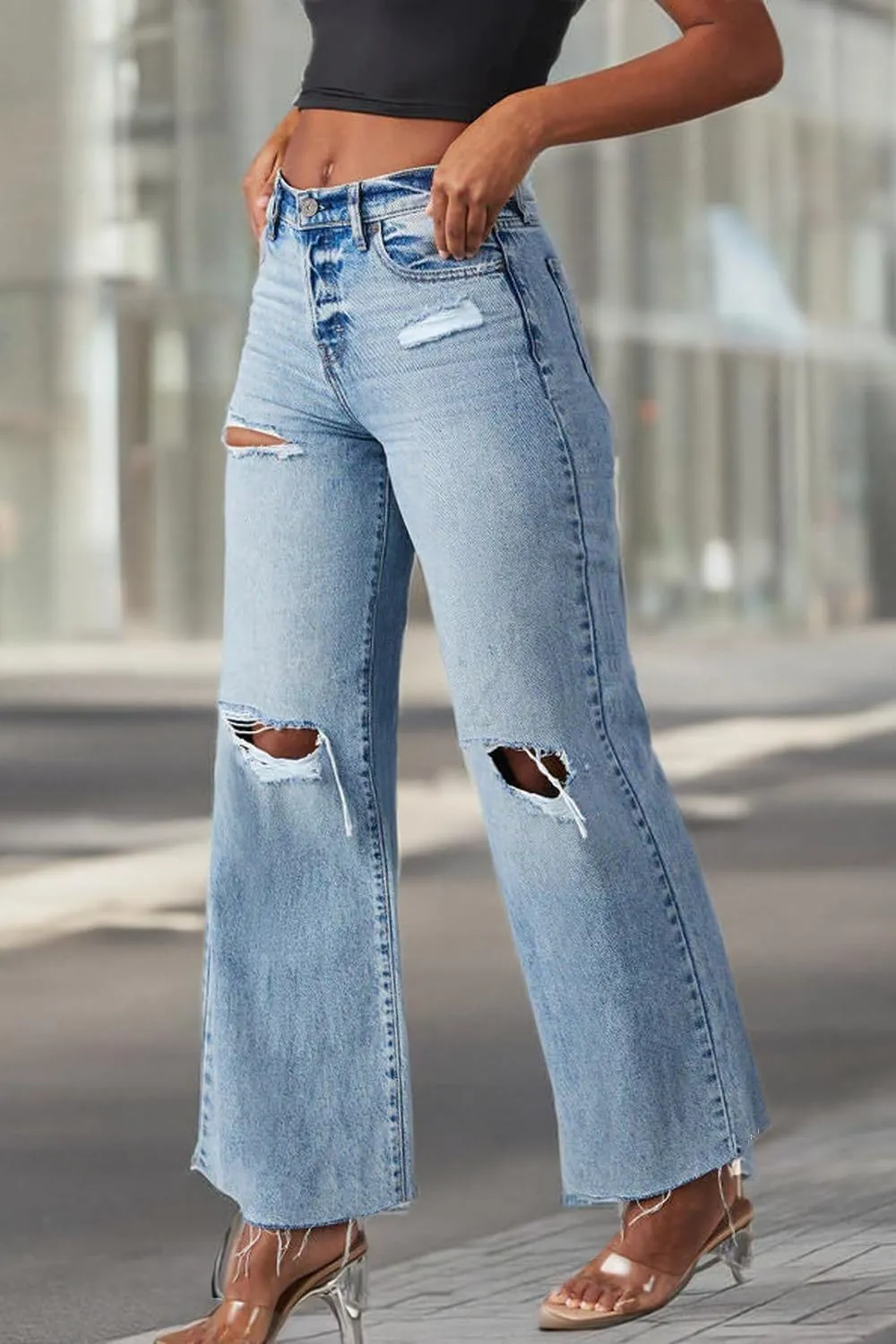 Allimy Women's High Waisted Straight Ankle Wide Leg Ripped Jeans Frayed Hem Stretchy Capri Denim Pants