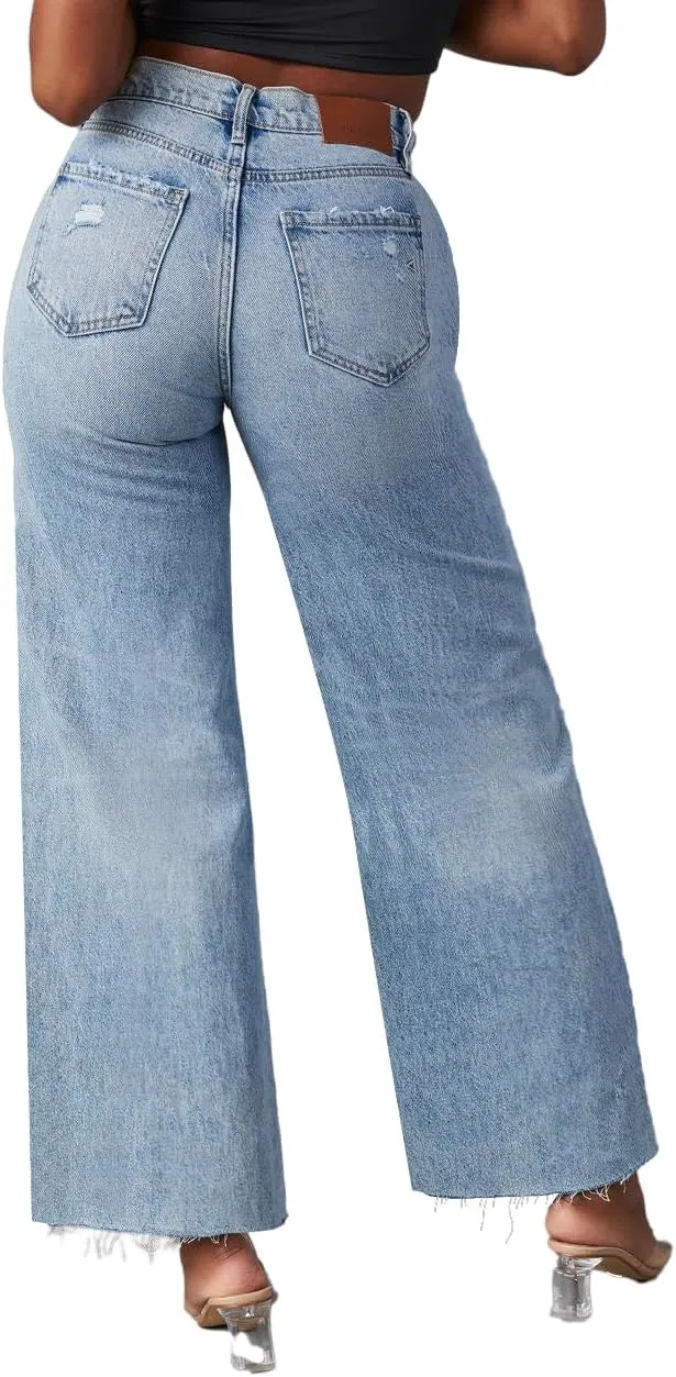 Allimy Women's High Waisted Straight Ankle Wide Leg Ripped Jeans Frayed Hem Stretchy Capri Denim Pants