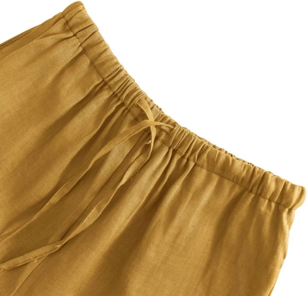 Amazhiyu Womens Pure Linen Summer Drawstring Flowy Wide Leg Pants with Pockets