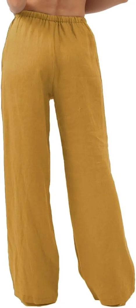Amazhiyu Womens Pure Linen Summer Drawstring Flowy Wide Leg Pants with Pockets