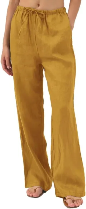 Amazhiyu Womens Pure Linen Summer Drawstring Flowy Wide Leg Pants with Pockets