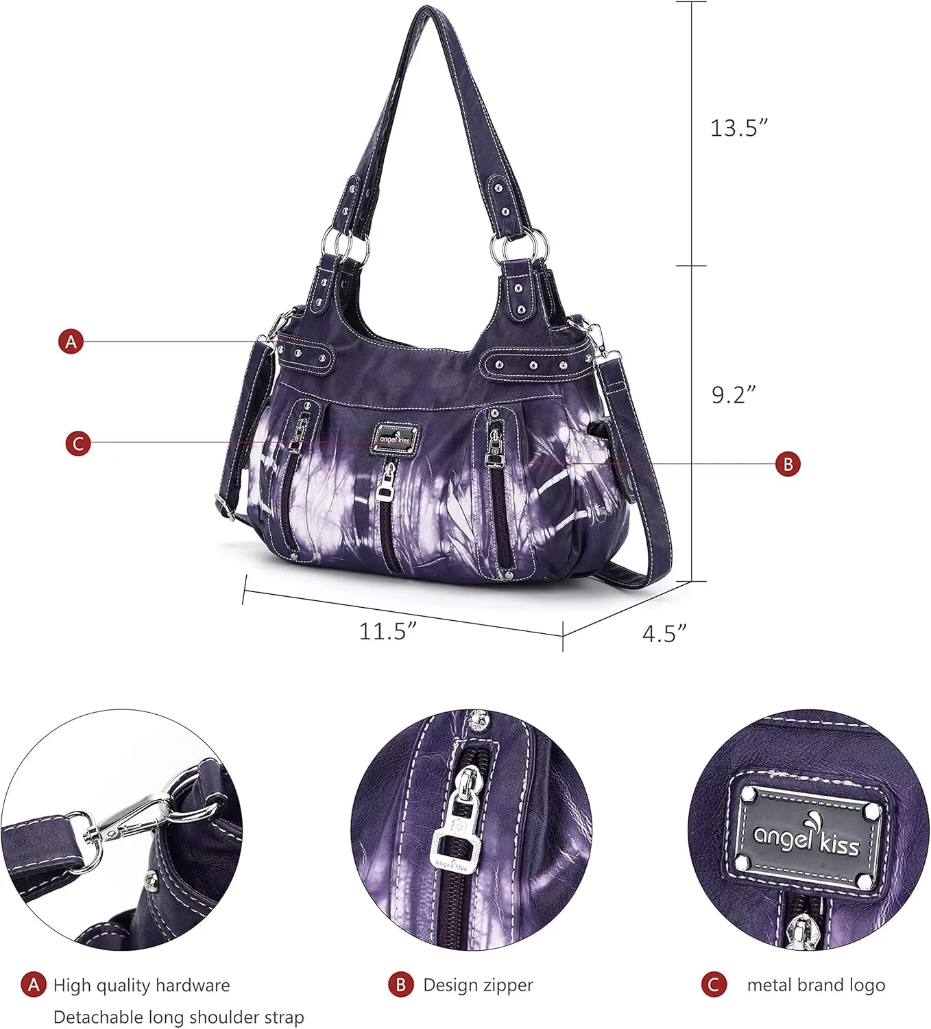 Angelkiss Large Purses and Handbags for Women Washed Faux Leather Crossbody Hobo Satchel Shoulder Handbag Tote Purse