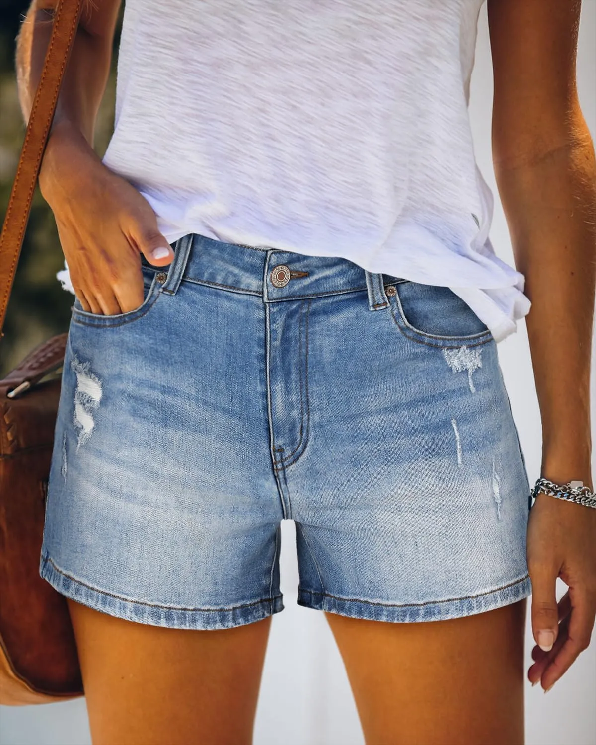Angerella Denim Shorts for Women Mid Rise Ripped Jean Shorts Stretchy Folded Hem Hot Short Jeans