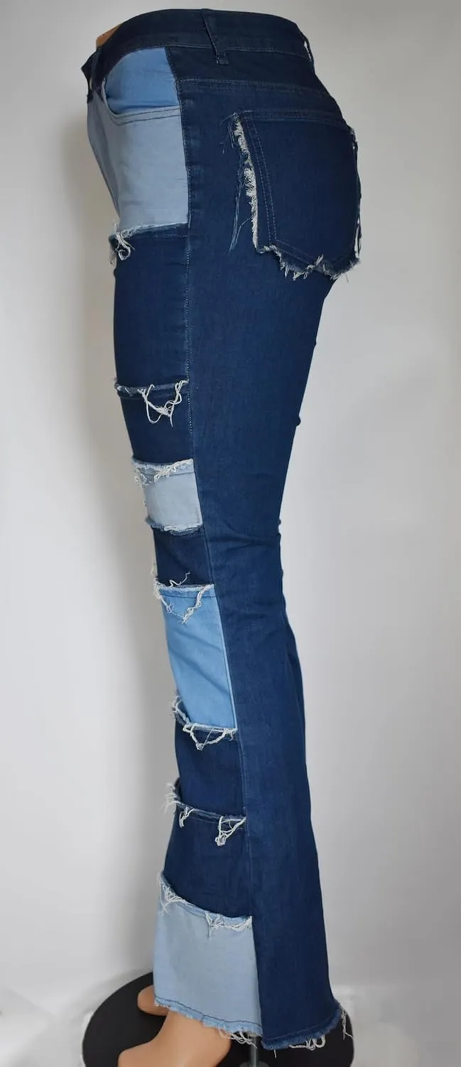 Aodrusa Women Frayed Patch Jeans High Waist Raw Hem Denim Y2k Pants Boyfriend