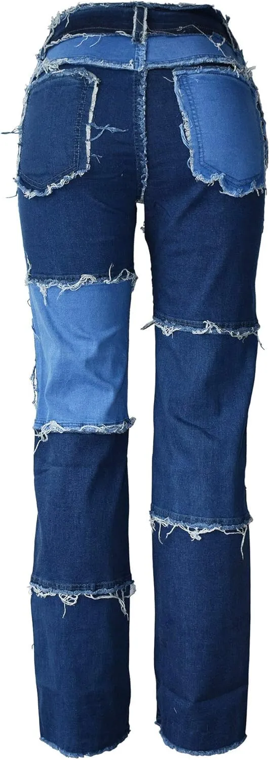 Aodrusa Women Frayed Patch Jeans High Waist Raw Hem Denim Y2k Pants Boyfriend