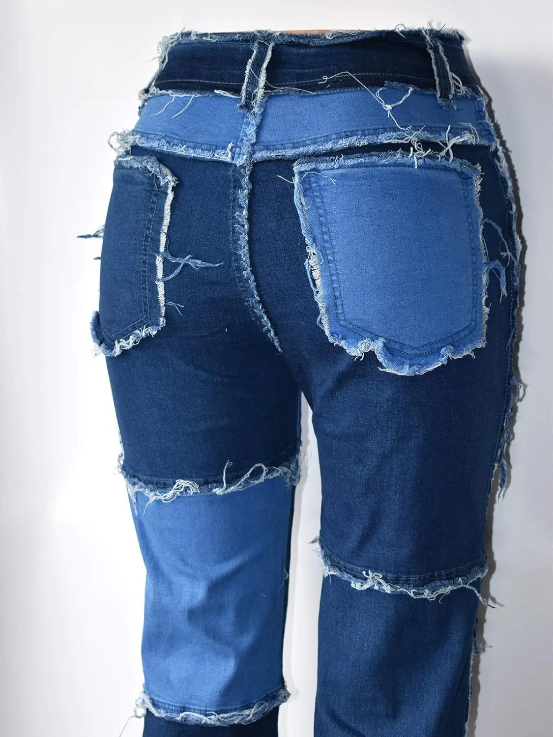 Aodrusa Women Frayed Patch Jeans High Waist Raw Hem Denim Y2k Pants Boyfriend