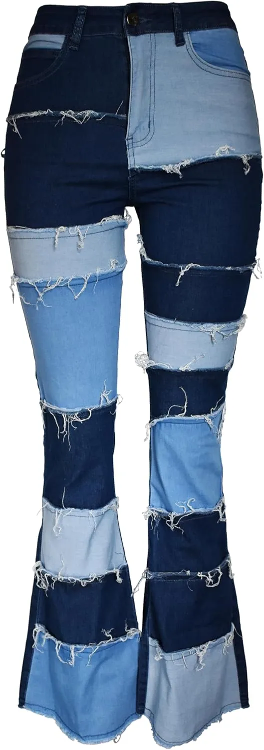 Aodrusa Women Frayed Patch Jeans High Waist Raw Hem Denim Y2k Pants Boyfriend