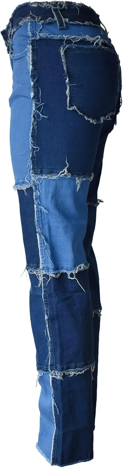 Aodrusa Women Frayed Patch Jeans High Waist Raw Hem Denim Y2k Pants Boyfriend