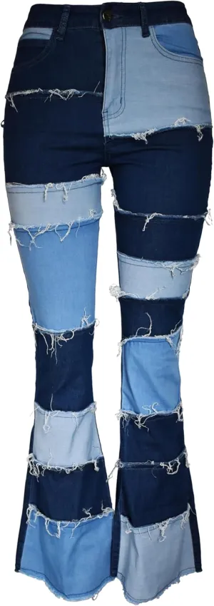 Aodrusa Women Frayed Patch Jeans High Waist Raw Hem Denim Y2k Pants Boyfriend