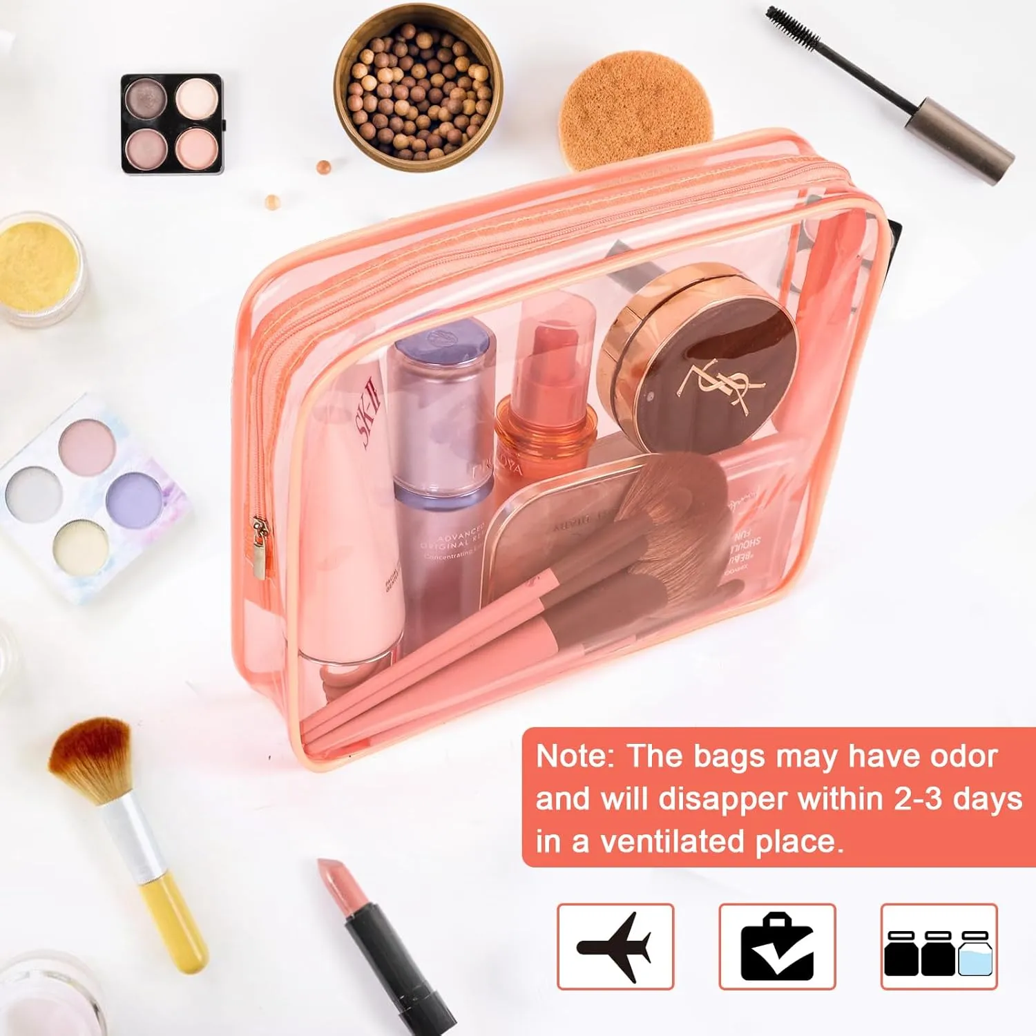 APREUTY Clear Makeup Bags, TSA Approved 6 Pcs Cosmetic Makeup Bags Set Clear PVC with Zipper Handle Portable Travel Luggage Pouch Airport Airline Vacation Organization (Peach)