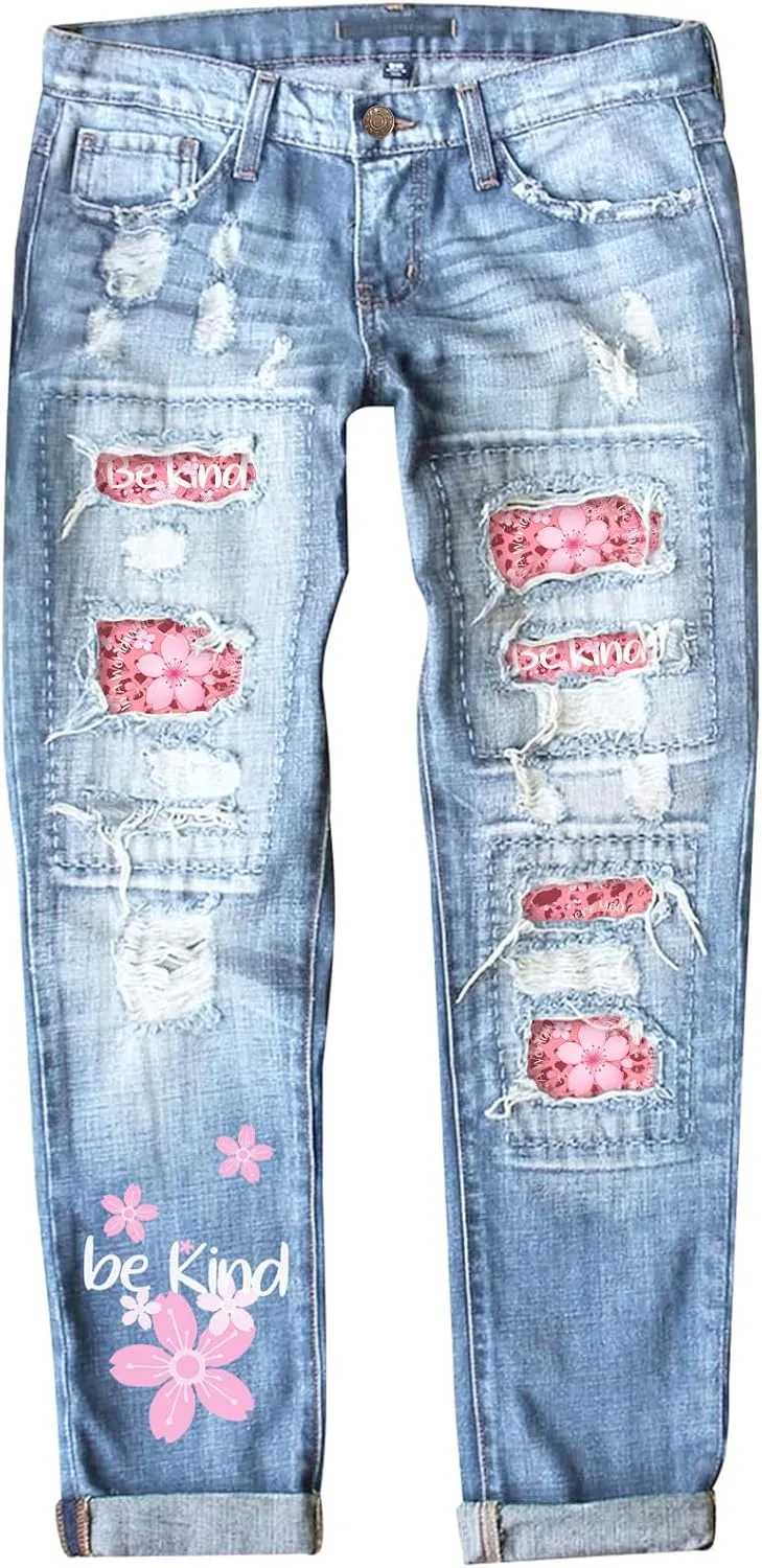 Astylish Womens Plaid Patch Ripped Boyfriend Distressed Stretch Skinny Denim Jeans with Hole