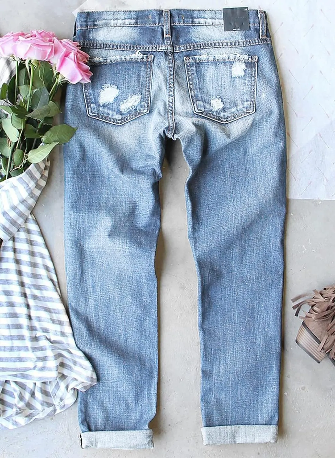 Astylish Womens Plaid Patch Ripped Boyfriend Distressed Stretch Skinny Denim Jeans with Hole