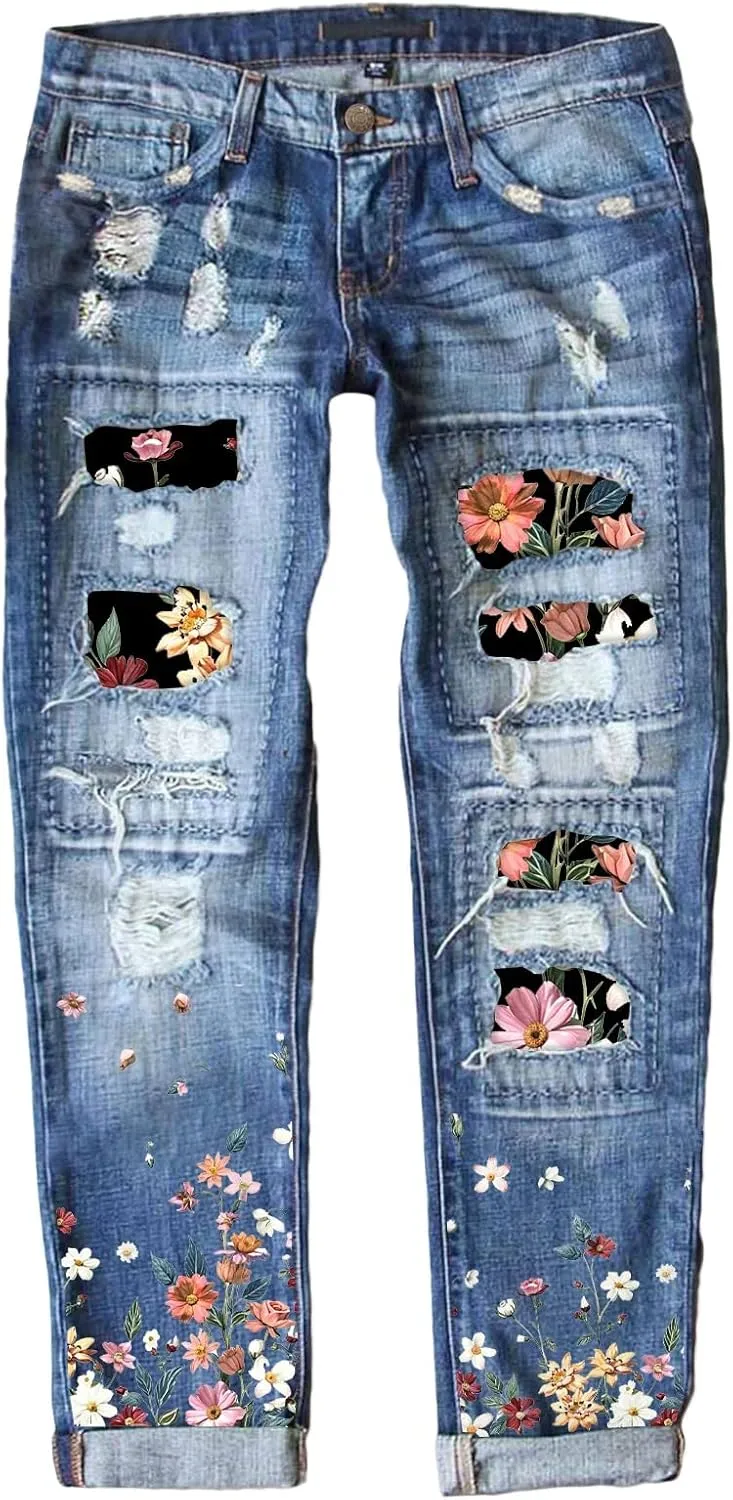 Astylish Womens Plaid Patch Ripped Boyfriend Distressed Stretch Skinny Denim Jeans with Hole