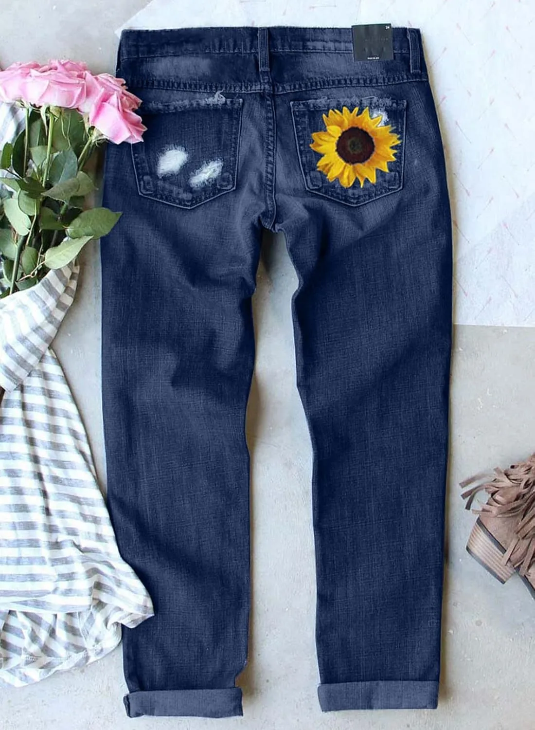 Astylish Womens Plaid Patch Ripped Boyfriend Distressed Stretch Skinny Denim Jeans with Hole