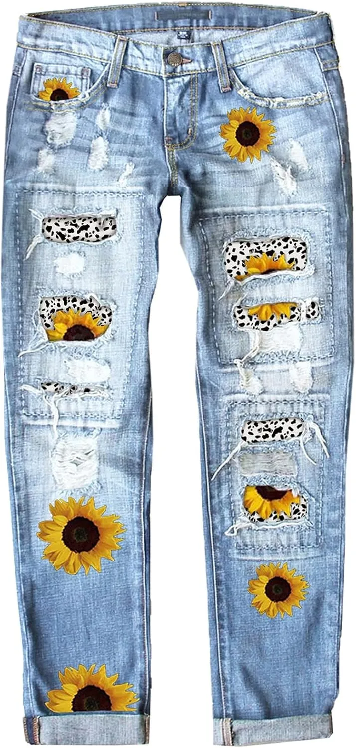 Astylish Womens Plaid Patch Ripped Boyfriend Distressed Stretch Skinny Denim Jeans with Hole