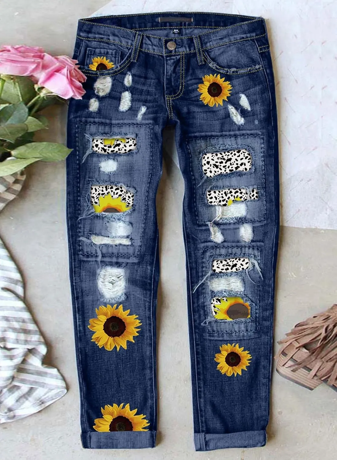 Astylish Womens Plaid Patch Ripped Boyfriend Distressed Stretch Skinny Denim Jeans with Hole