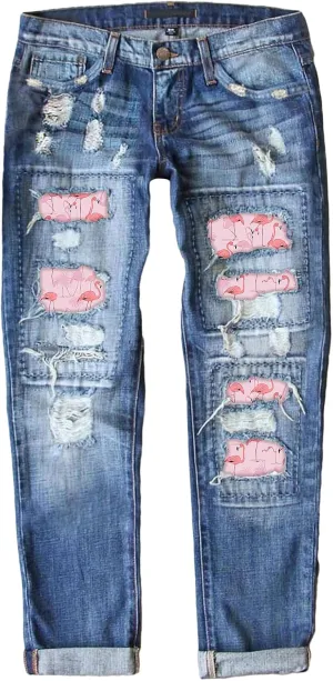 Astylish Womens Plaid Patch Ripped Boyfriend Distressed Stretch Skinny Denim Jeans with Hole