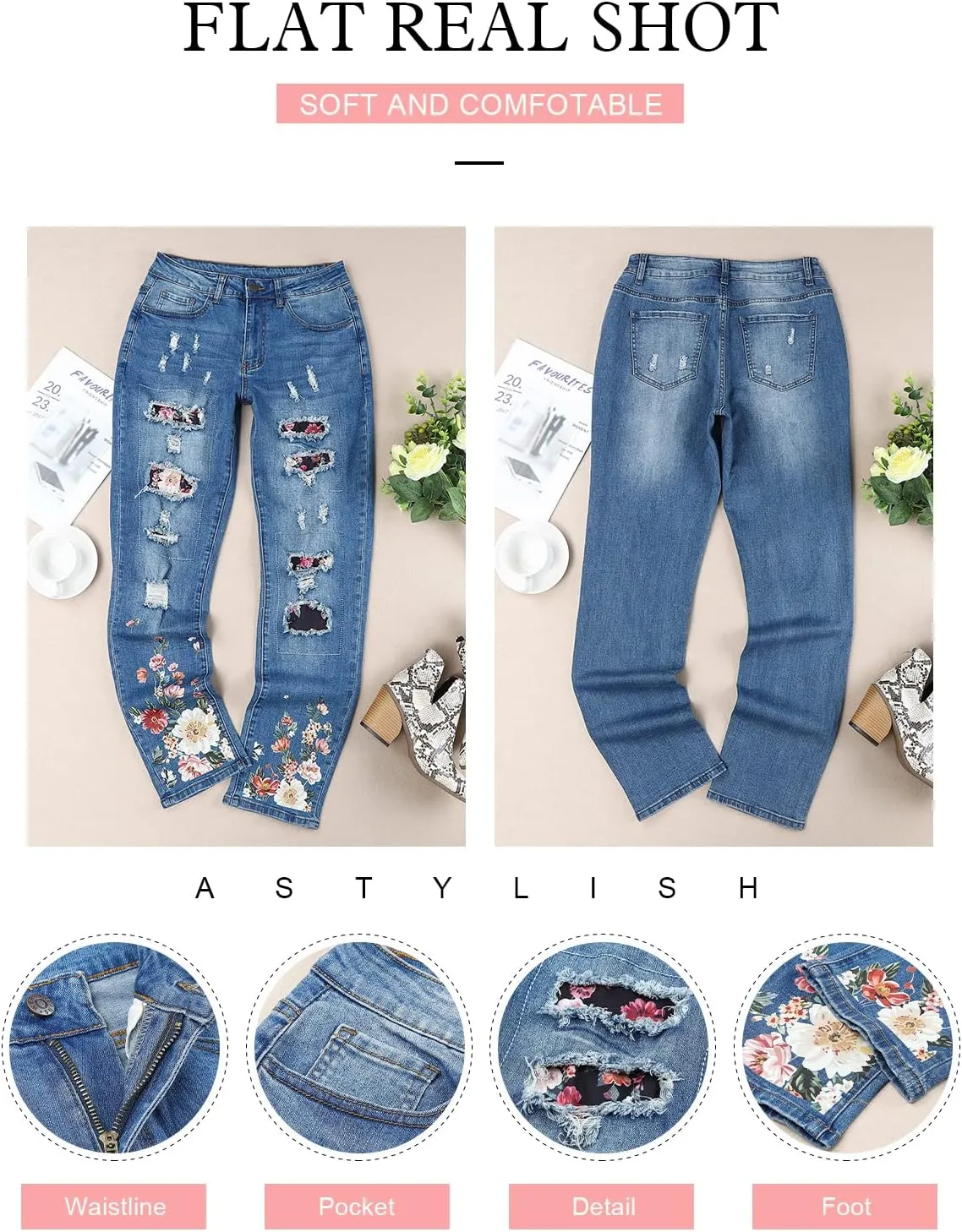 Astylish Womens Plaid Patch Ripped Boyfriend Distressed Stretch Skinny Denim Jeans with Hole