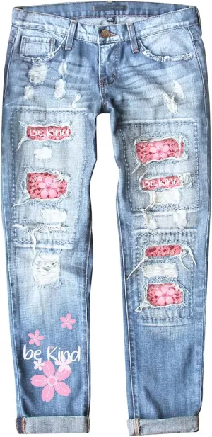 Astylish Womens Plaid Patch Ripped Boyfriend Distressed Stretch Skinny Denim Jeans with Hole