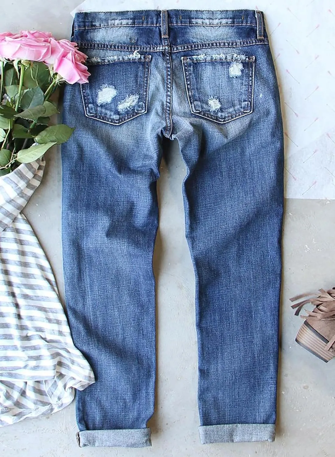 Astylish Womens Plaid Patch Ripped Boyfriend Distressed Stretch Skinny Denim Jeans with Hole