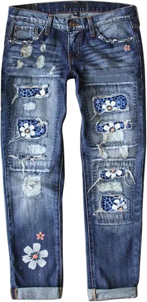 Astylish Womens Plaid Patch Ripped Boyfriend Distressed Stretch Skinny Denim Jeans with Hole
