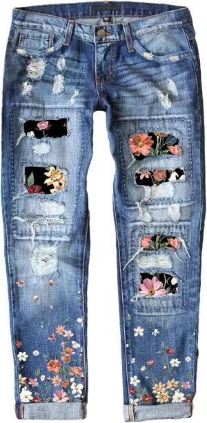 Astylish Womens Plaid Patch Ripped Boyfriend Distressed Stretch Skinny Denim Jeans with Hole