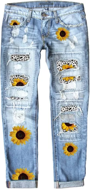 Astylish Womens Plaid Patch Ripped Boyfriend Distressed Stretch Skinny Denim Jeans with Hole