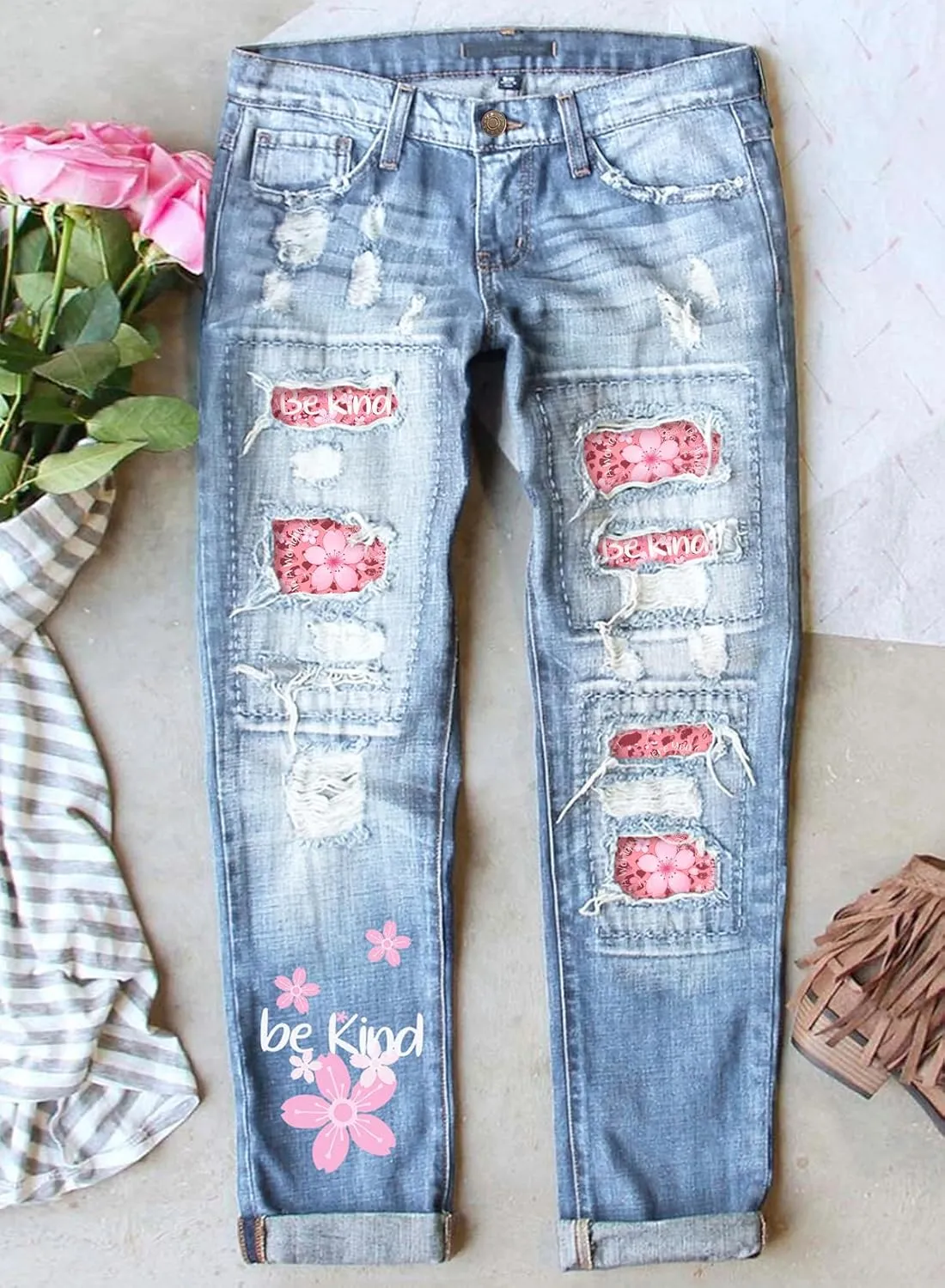 Astylish Womens Plaid Patch Ripped Boyfriend Distressed Stretch Skinny Denim Jeans with Hole