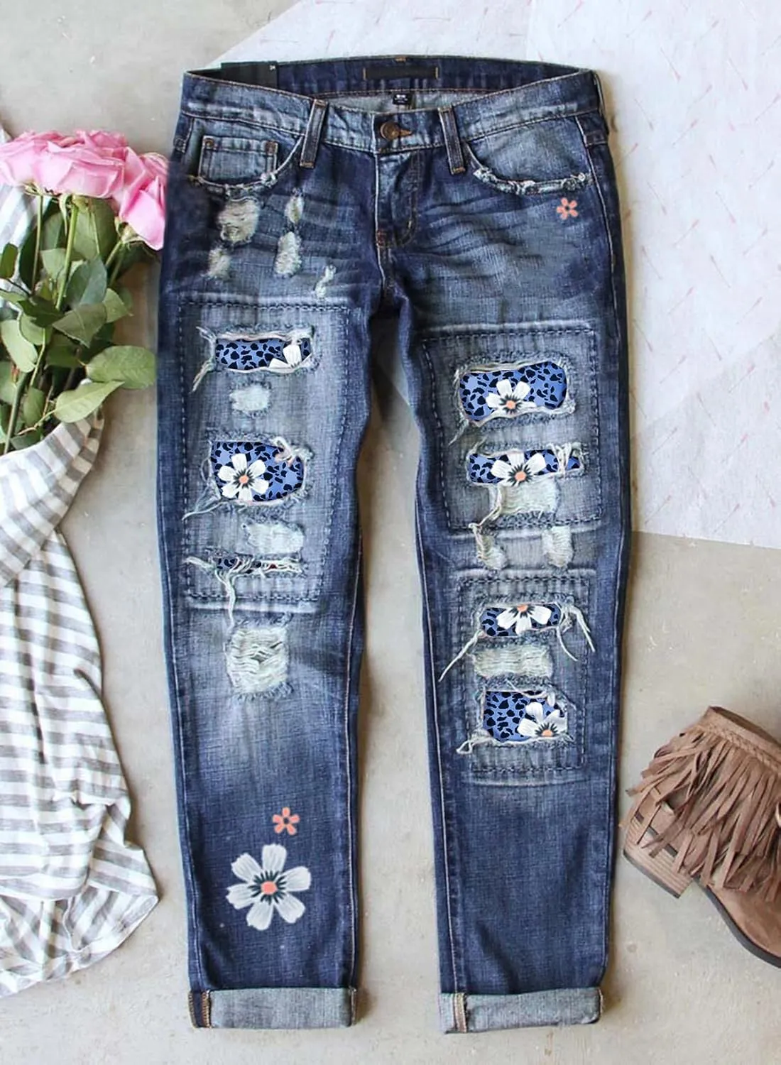Astylish Womens Plaid Patch Ripped Boyfriend Distressed Stretch Skinny Denim Jeans with Hole
