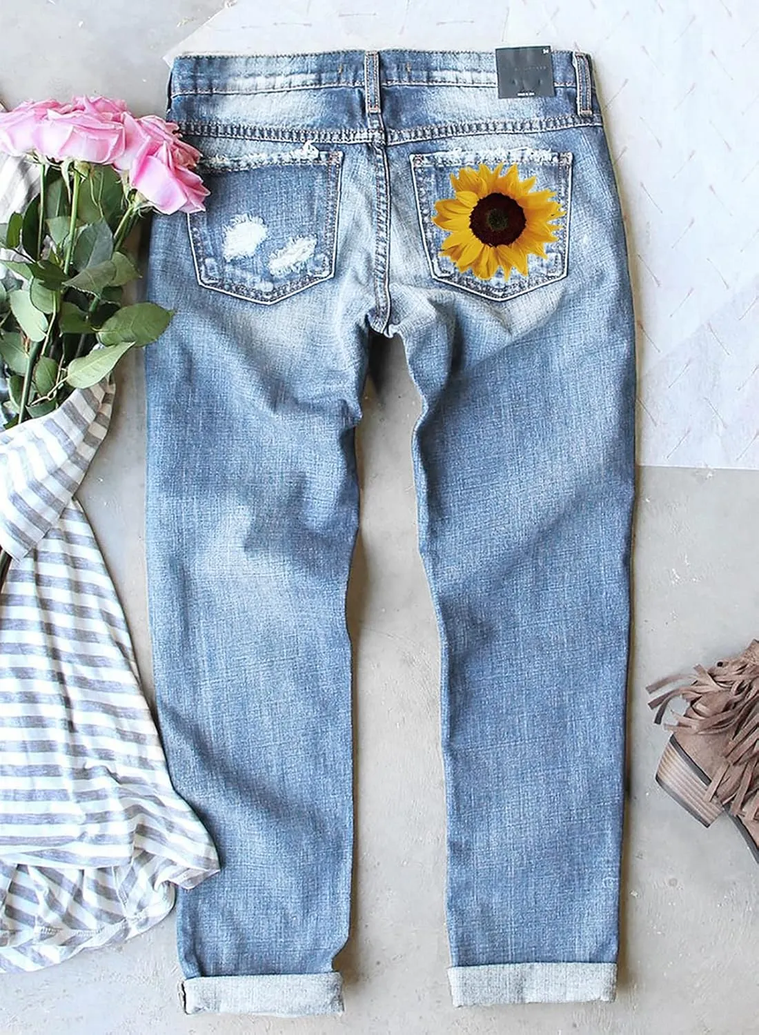 Astylish Womens Plaid Patch Ripped Boyfriend Distressed Stretch Skinny Denim Jeans with Hole