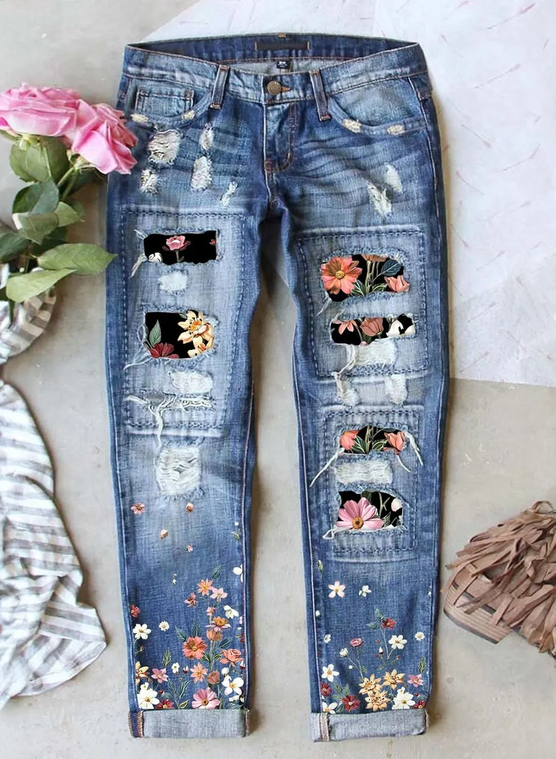 Astylish Womens Plaid Patch Ripped Boyfriend Distressed Stretch Skinny Denim Jeans with Hole
