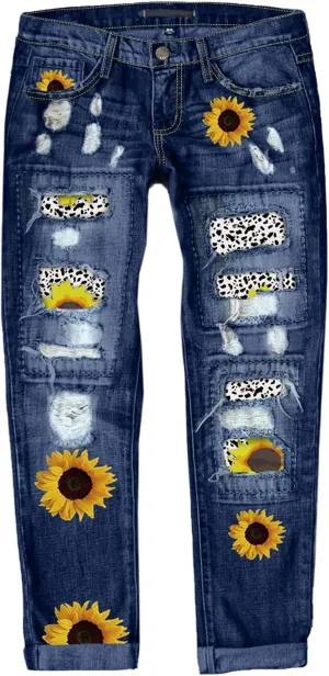 Astylish Womens Plaid Patch Ripped Boyfriend Distressed Stretch Skinny Denim Jeans with Hole