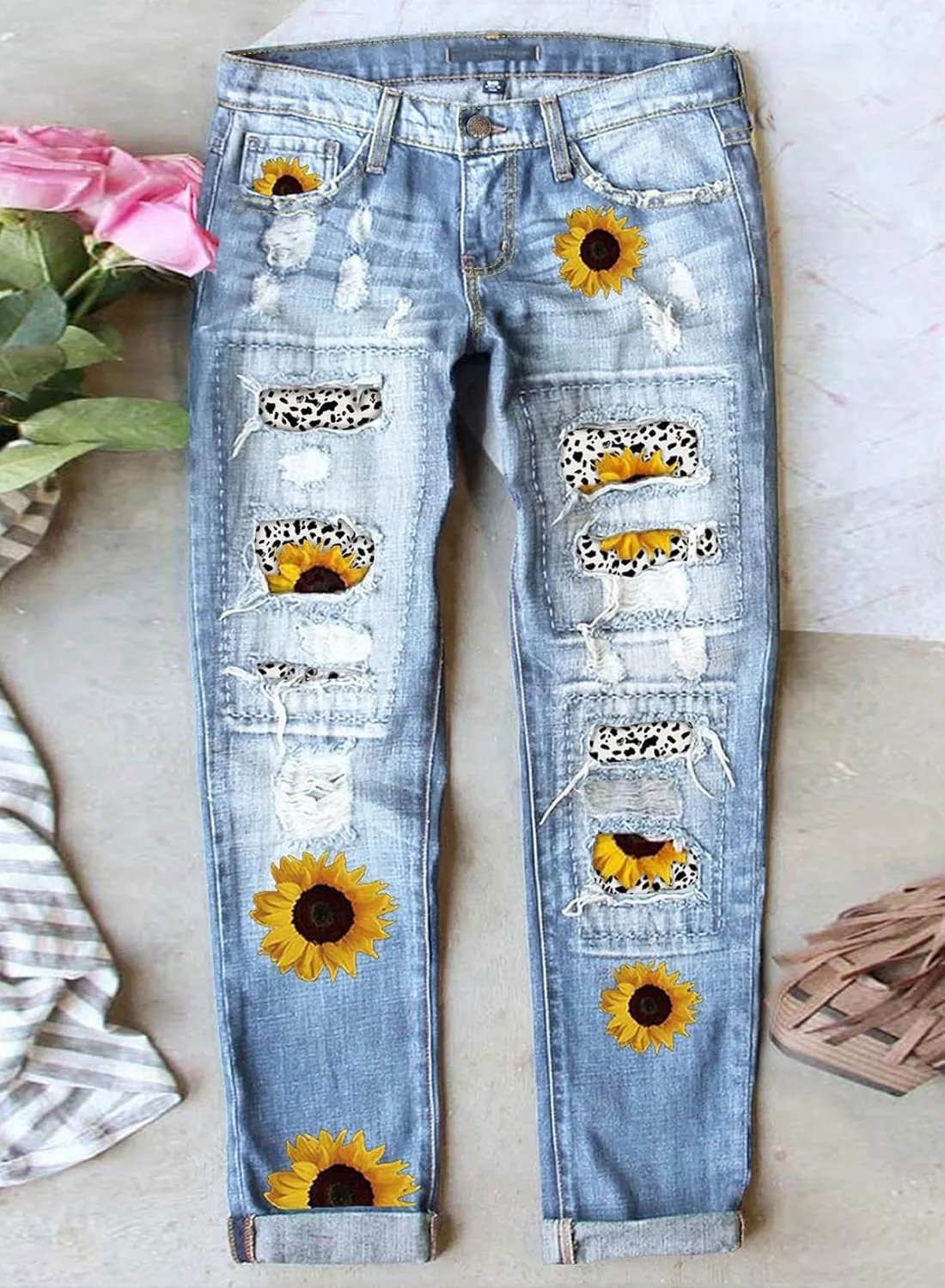 Astylish Womens Plaid Patch Ripped Boyfriend Distressed Stretch Skinny Denim Jeans with Hole