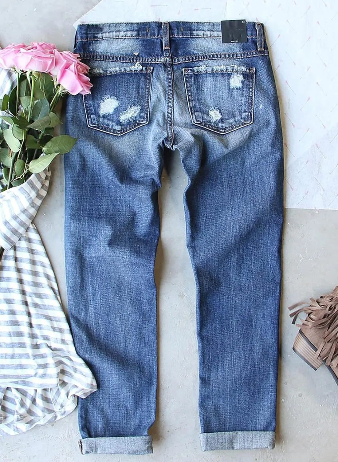 Astylish Womens Plaid Patch Ripped Boyfriend Distressed Stretch Skinny Denim Jeans with Hole
