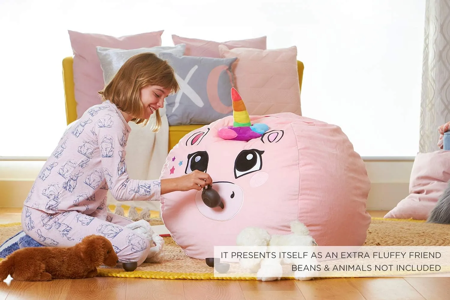 Aubliss Stuffed Animal Storage Bean Bag Chair Cover - Large Stuff 'n Sit Storage Organization for Kids - Toy Storage Bag - Chair Gifts for Girls (Large, Pink)