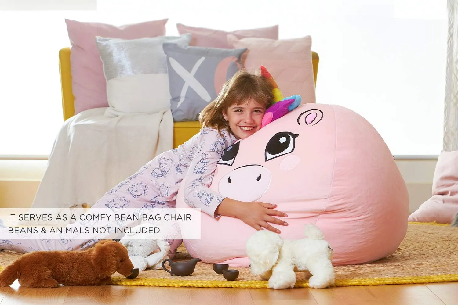 Aubliss Stuffed Animal Storage Bean Bag Chair Cover - Large Stuff 'n Sit Storage Organization for Kids - Toy Storage Bag - Chair Gifts for Girls (Large, Pink)