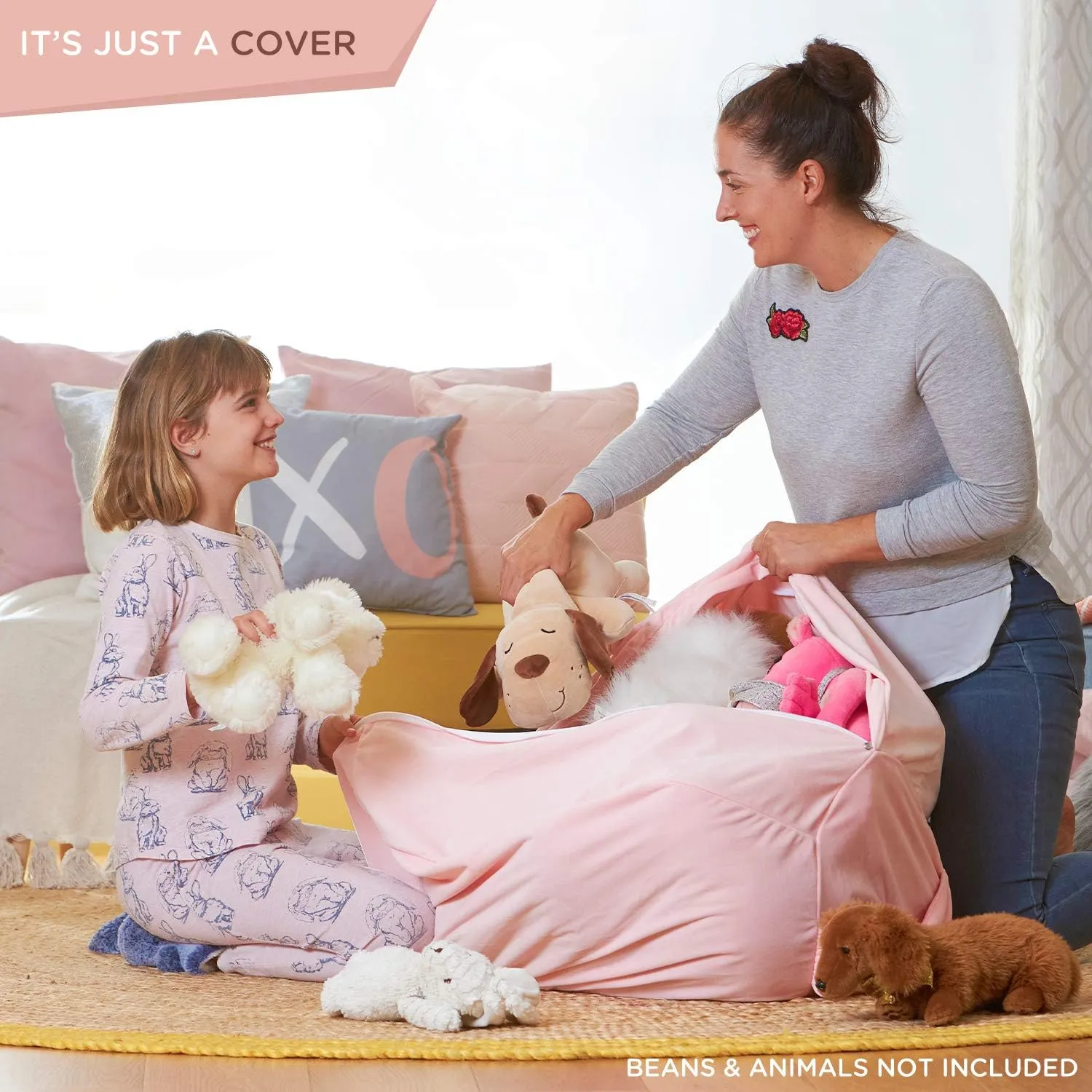 Aubliss Stuffed Animal Storage Bean Bag Chair Cover - Large Stuff 'n Sit Storage Organization for Kids - Toy Storage Bag - Chair Gifts for Girls (Large, Pink)