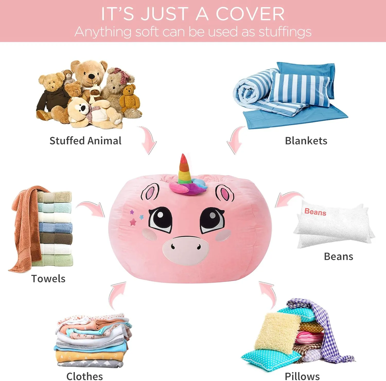 Aubliss Stuffed Animal Storage Bean Bag Chair Cover - Large Stuff 'n Sit Storage Organization for Kids - Toy Storage Bag - Chair Gifts for Girls (Large, Pink)