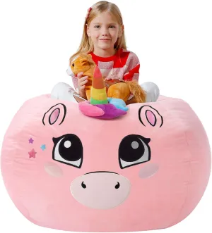 Aubliss Stuffed Animal Storage Bean Bag Chair Cover - Large Stuff 'n Sit Storage Organization for Kids - Toy Storage Bag - Chair Gifts for Girls (Large, Pink)