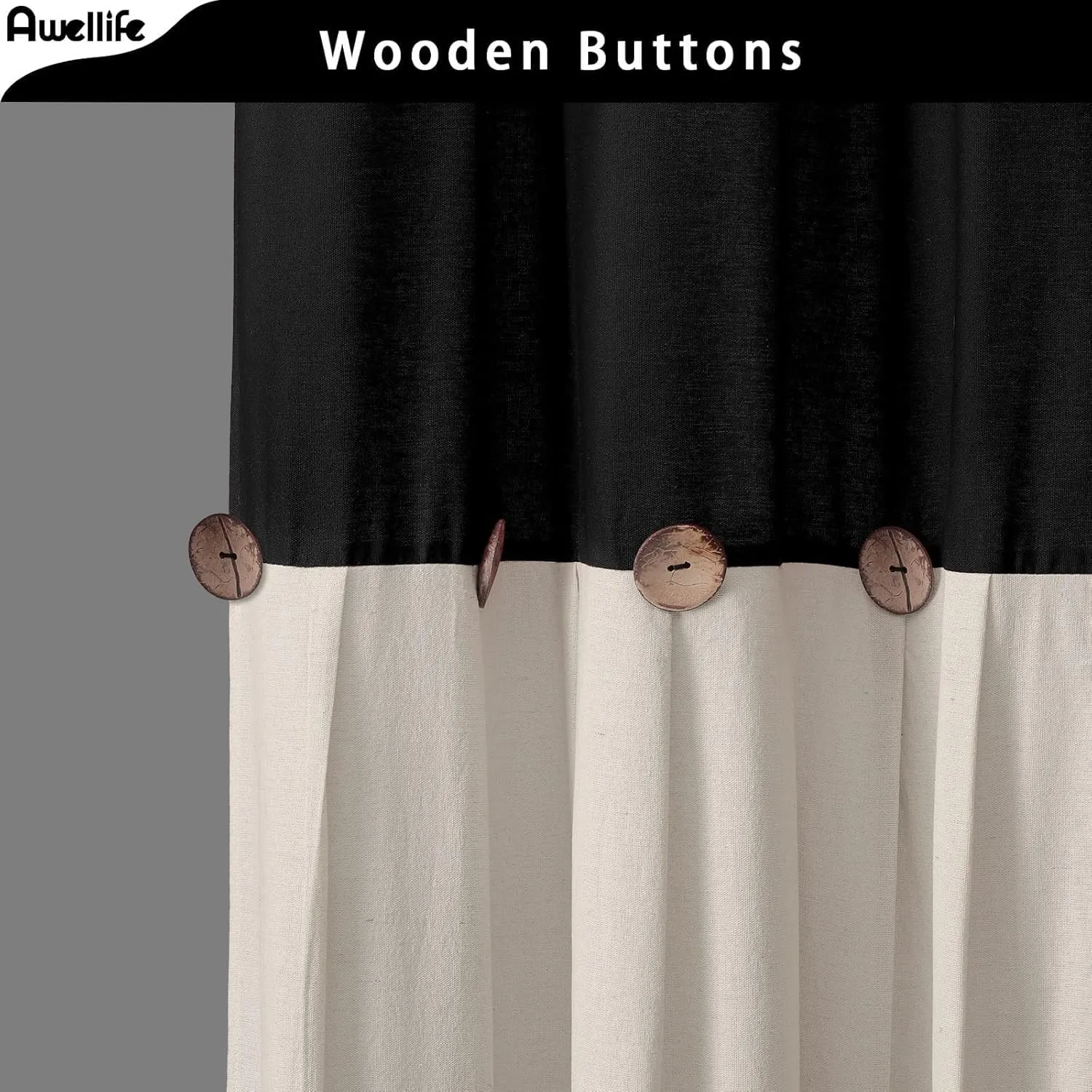 Awellife Linen Button Farmhouse Beige Shower Curtain,Linen and Cotton Woven Fabric,Pleated Brown Stripe,Country Style (Black & Cream, 72" L x 72" W)