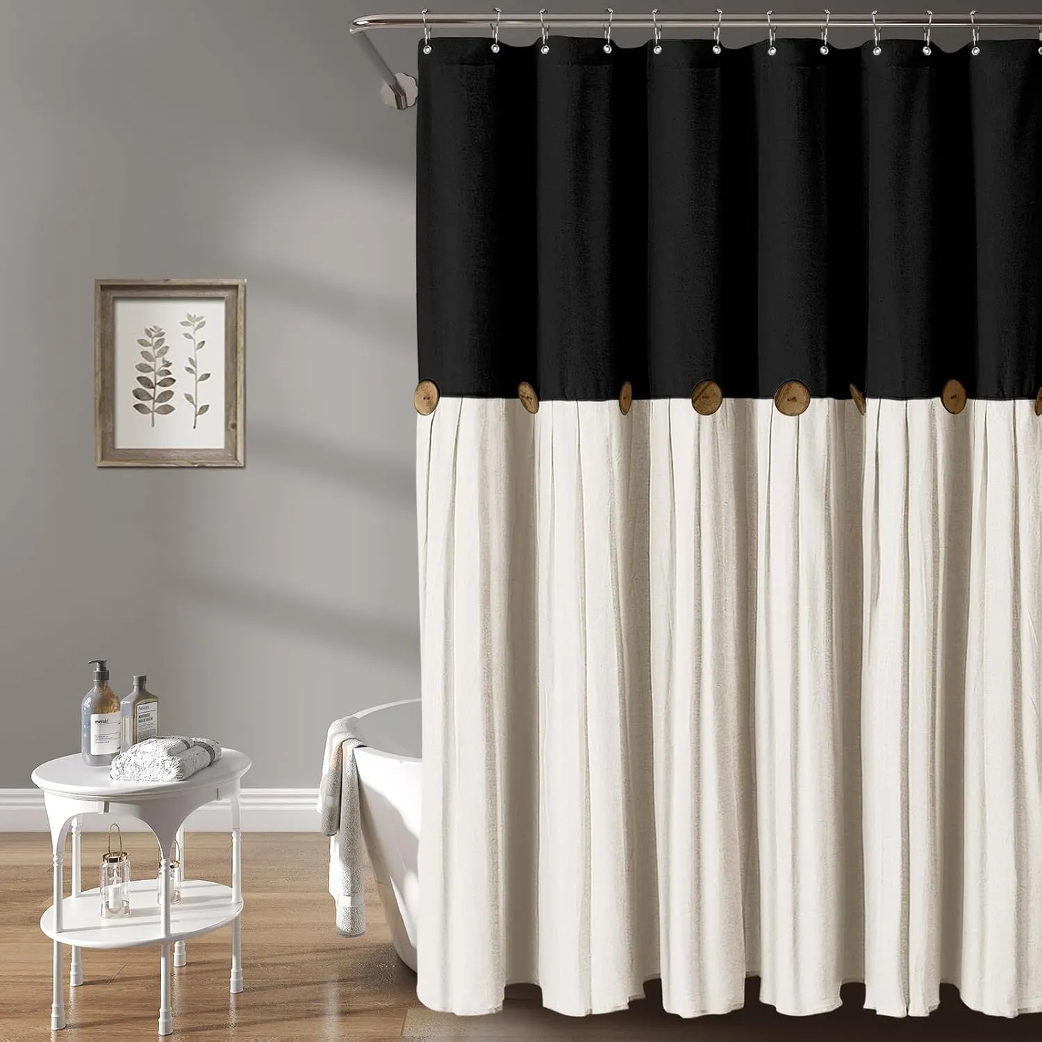 Awellife Linen Button Farmhouse Beige Shower Curtain,Linen and Cotton Woven Fabric,Pleated Brown Stripe,Country Style (Black & Cream, 72" L x 72" W)