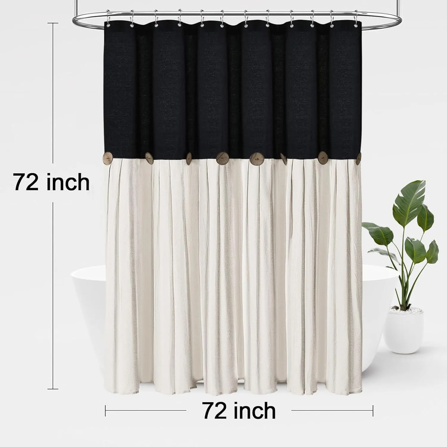 Awellife Linen Button Farmhouse Beige Shower Curtain,Linen and Cotton Woven Fabric,Pleated Brown Stripe,Country Style (Black & Cream, 72" L x 72" W)
