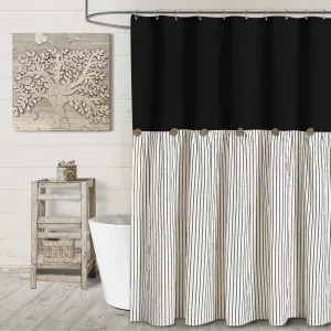 Awellife Linen Button Farmhouse Shower Curtain,Linen and Cotton Woven Fabric,Country Style (Black & Black Stripe, 72" L x 72" W)