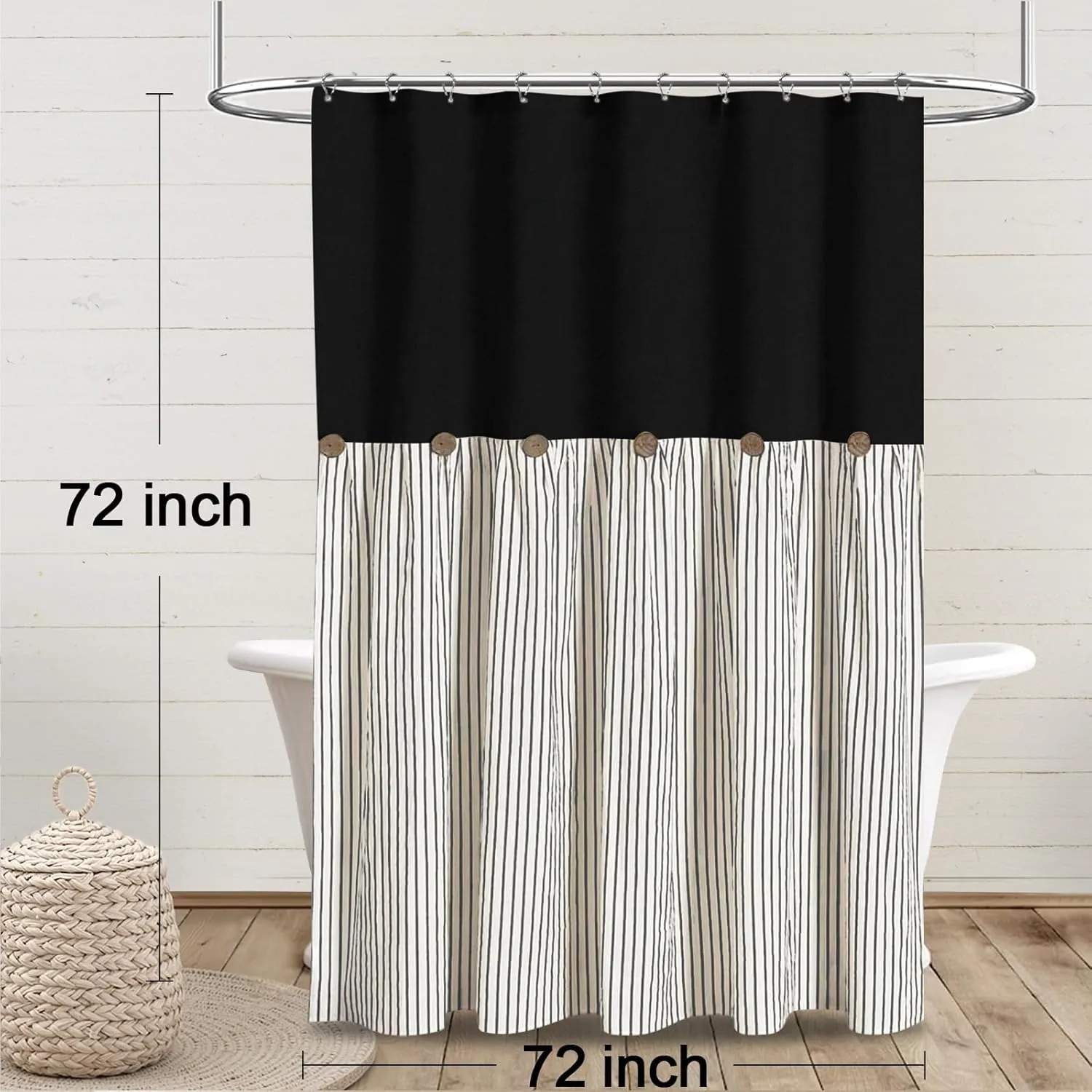 Awellife Linen Button Farmhouse Shower Curtain,Linen and Cotton Woven Fabric,Country Style (Black & Black Stripe, 72" L x 72" W)