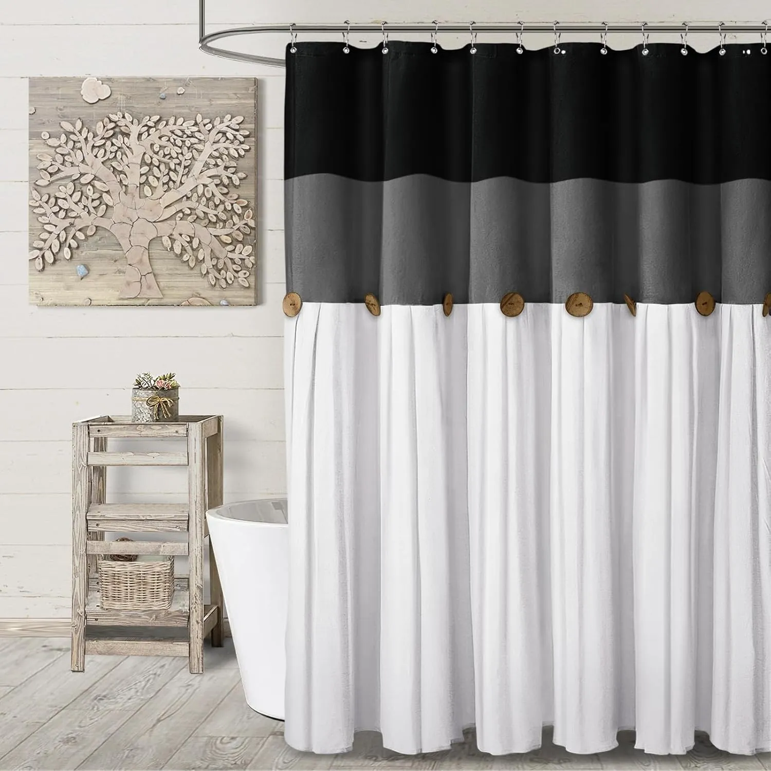 Awellife Linen Button Farmhouse Shower Curtain,Linen and Cotton Woven Fabric,Country Style (Black Grey, 72" L x 72" W)