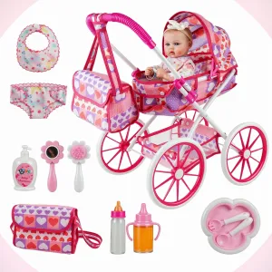 BABESIDE 10 Pcs Baby Doll Stroller Set with Feeding Doll Accessories, Baby Doll Stroller Toys for 12-17 Inches Dolls, Pretend Play Feeding Toy for Toddlers (Not Doll)