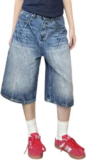 Baggy Jean Shorts for Women Jorts Y2k Low Rise Wide Leg Denim Shorts Goth Summer Jeans Loose Streetwear Retro Blue